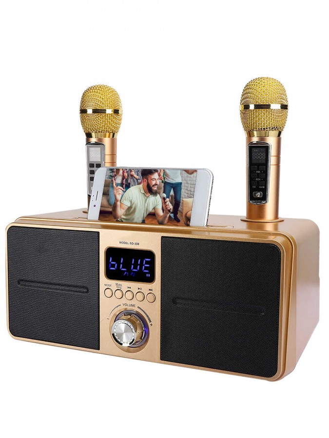 SDRD SD-309 bluetooth колонка-караоке с двумя беспроводными микрофонами, USB, AUX, онлайн караоке, мощность 30 Вт (черная) Золотой